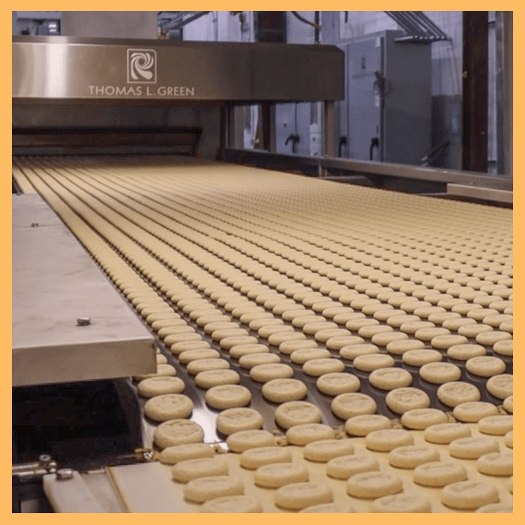 Baked wirecut cookies exiting out of an RBS tunnel oven.