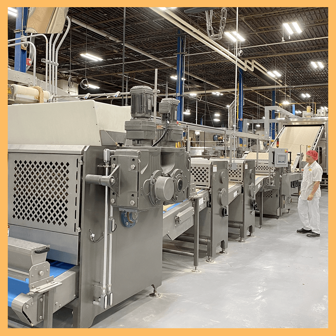 Baked wirecut cookies exiting out of an RBS tunnel oven. 