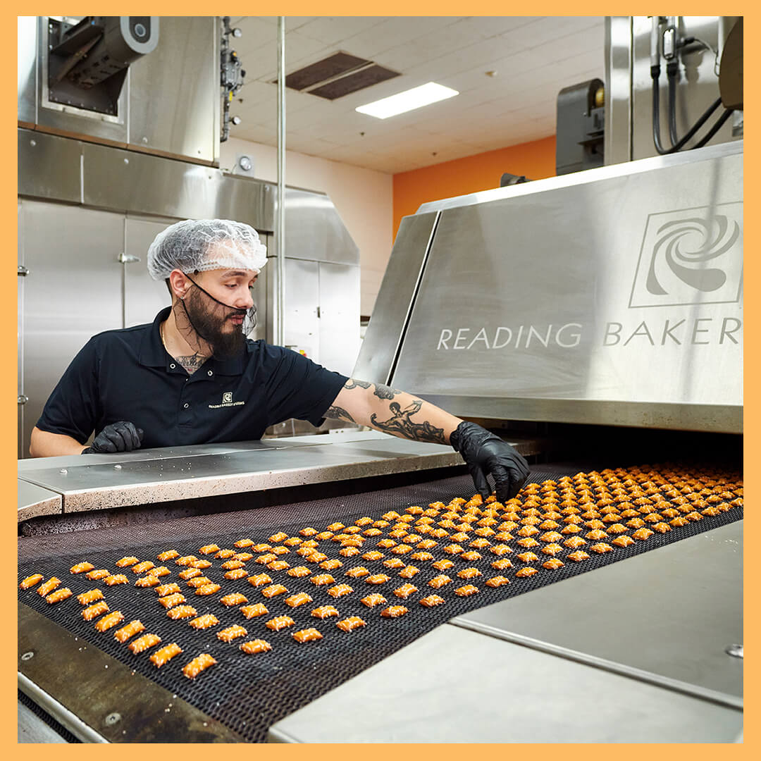 Cheese-filled pretzel nuggets exited a RBS Oven at the RBS Science & Innovation Center.